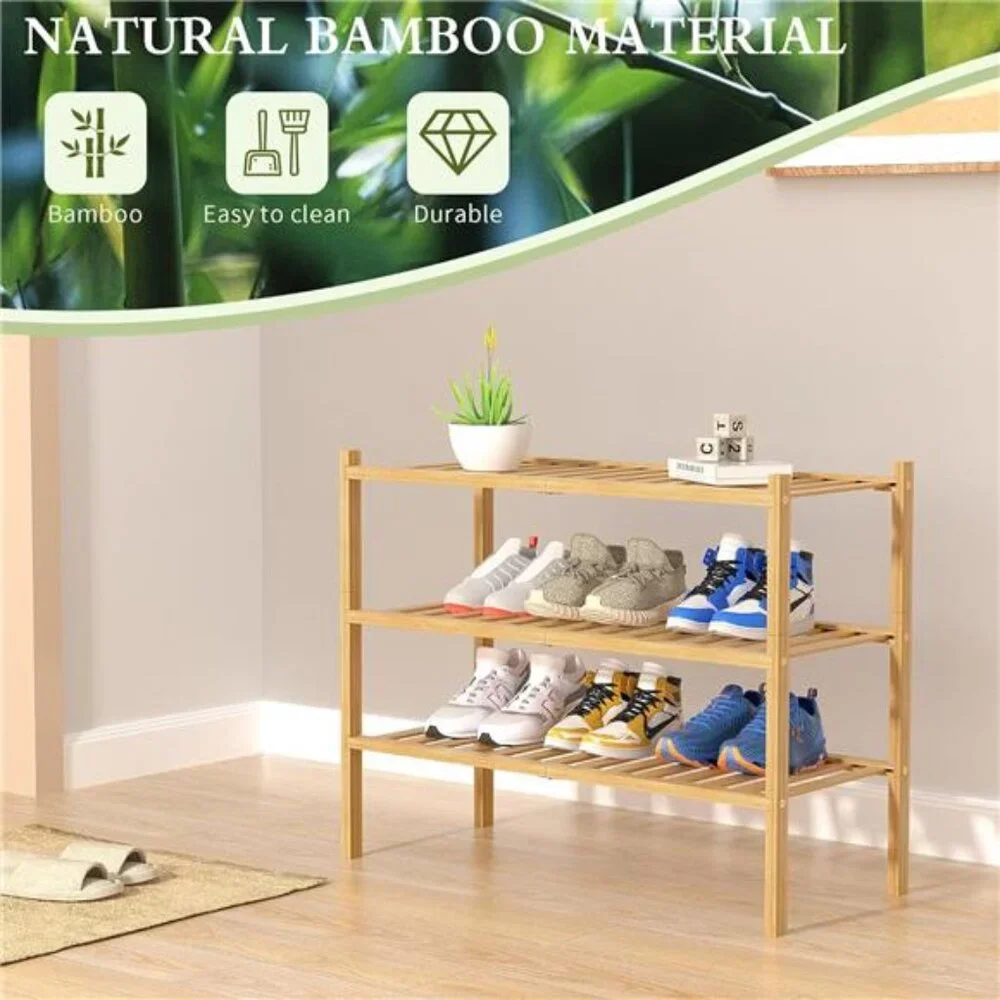 3 Tier Bamboo Shoe Rack for Closet Free Standing Wood Shoe Shelf Storage